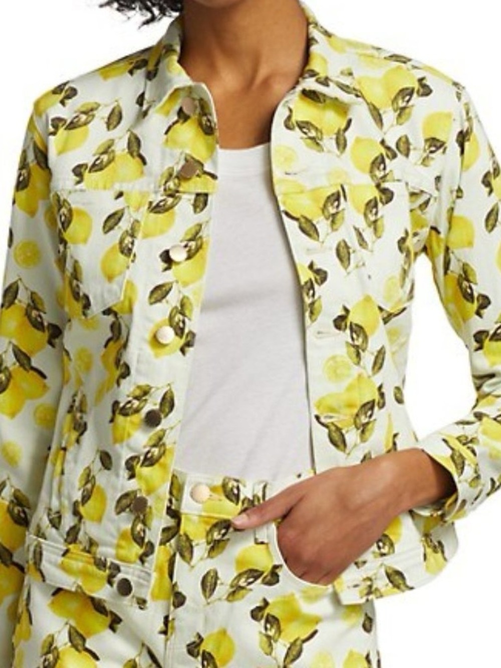 L'AGENCE Celine Lemons Print Yellow White Denim Jean Jacket Size S NWOT - Picture 4 of 8
